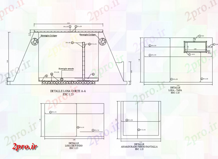 دانلود نقشه طراحی جزئیات ساختار صفحه  آهن جزئیات زره پوش با اسلب از زمین (کد134242)