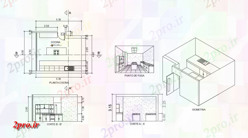 دانلود نقشه طراحی داخلی آشپزخانه نما، طراحی و  دیدگاه  (کد134425)
