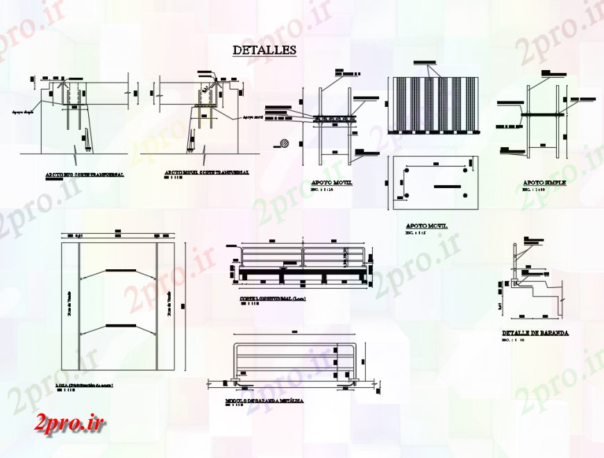 دانلود نقشه طراحی جزئیات ساختار صلیب پشتیبانی ثابت و برش طولی و جزئیات  سازنده  (کد134583)