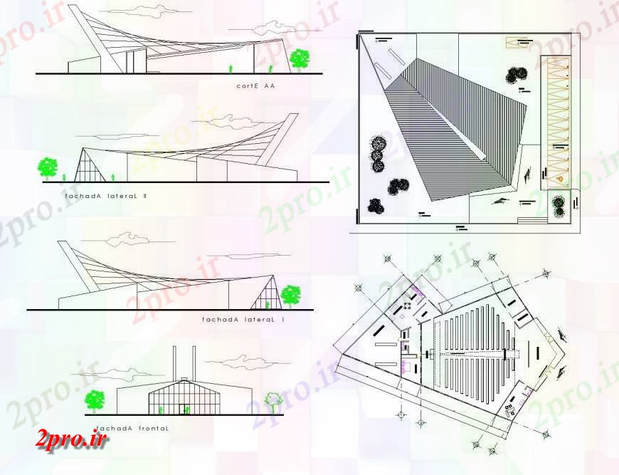 دانلود نقشه کلیسا - معبد - مکان مذهبی طرحی کلیسا مدرن، نما و بخش  چیدمان (کد134600)