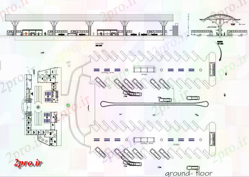 دانلود نقشه ساختمان دولتی ، سازمانی طرحی ترمینال rodovia پروژه، نما و بخش 27 در 67 متر (کد134652)