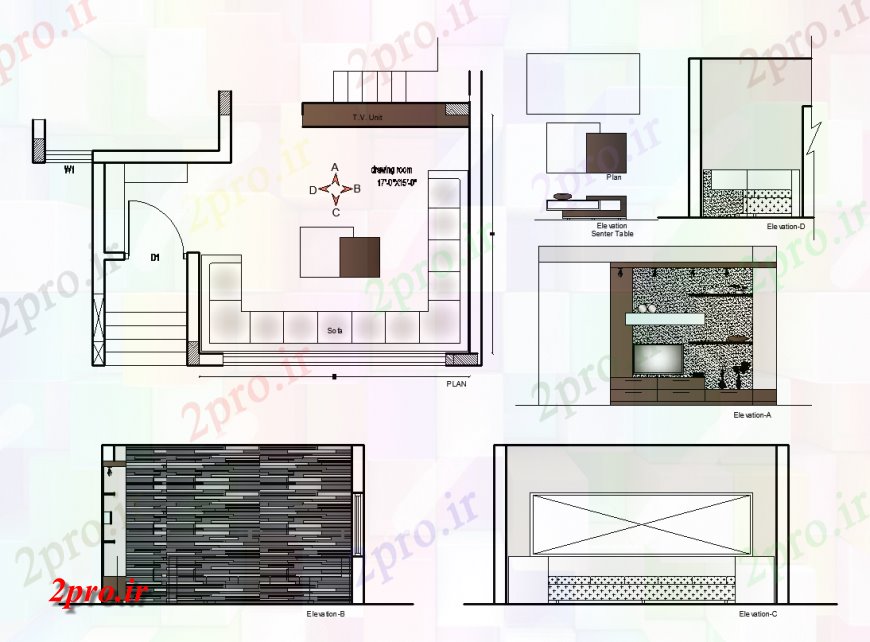 دانلود نقشه اتاق نشیمن  ، حال ، پذیرایی طراحی داخلی هتل طراحی با طرحی و  نما  (کد134848)