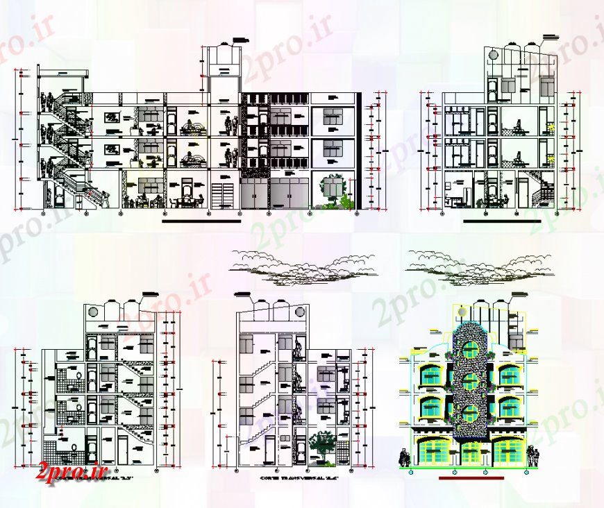 دانلود نقشه مسکونی  ، ویلایی ، آپارتمان  نما آپارتمان   در سمت های مختلف طراحی (کد134926)