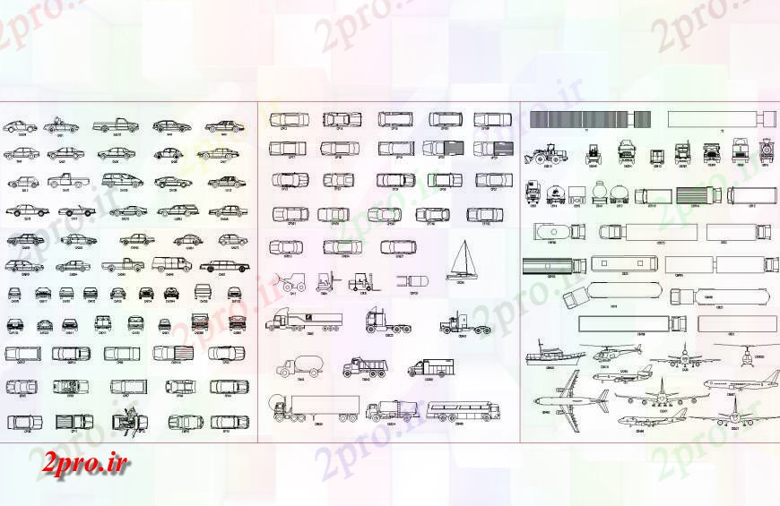 دانلود نقشه بلوک وسایل نقلیه بلوک از اتومبیل کامیون  هواپیماهای طرح (کد134950)