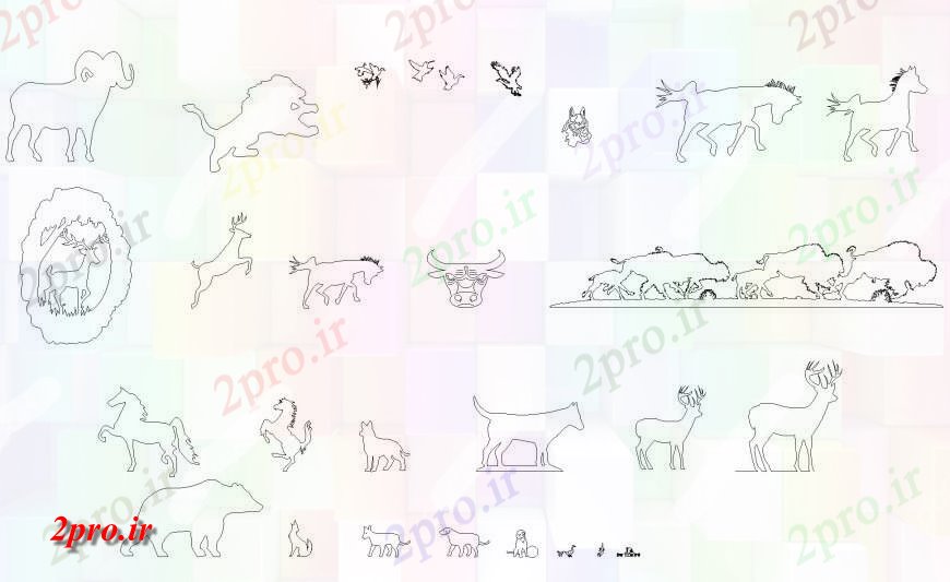 دانلود نقشه بلوک حیوانات مجسمه حیوانات 2 طرحی جزئیات (کد135056)