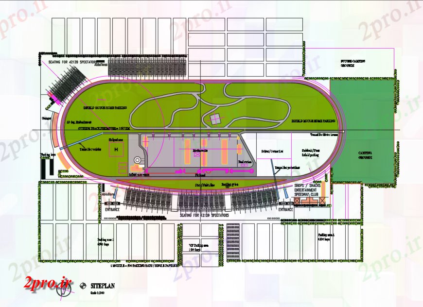 دانلود نقشه ورزشگاه ، سالن ورزش ، باشگاه ناسا طراحی سایت مسیر مسابقه و ساختار طراحی جزئیات 53 در 135 متر (کد135157)