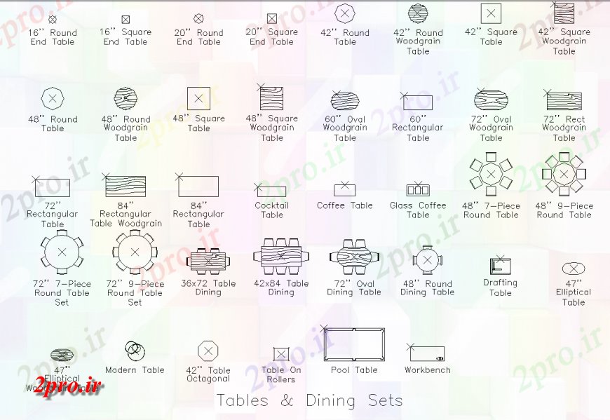 دانلود نقشه بلوک مبلمان انواع مختلف ناهارخوری میز با ابعاد  (کد135175)