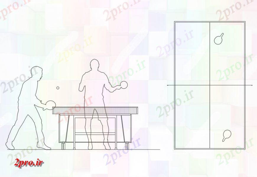 دانلود نقشه میز و صندلی پینگ پنگ  جدول بالا و نمای جانبی نما با بازیکنان  (کد135193)