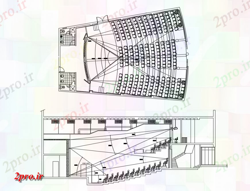 دانلود نقشه تئاتر چند منظوره - سینما - سالن کنفرانس - سالن همایشبخش نمای سالن سالن و طراحی جزئیات 15 در 39 متر (کد135253)
