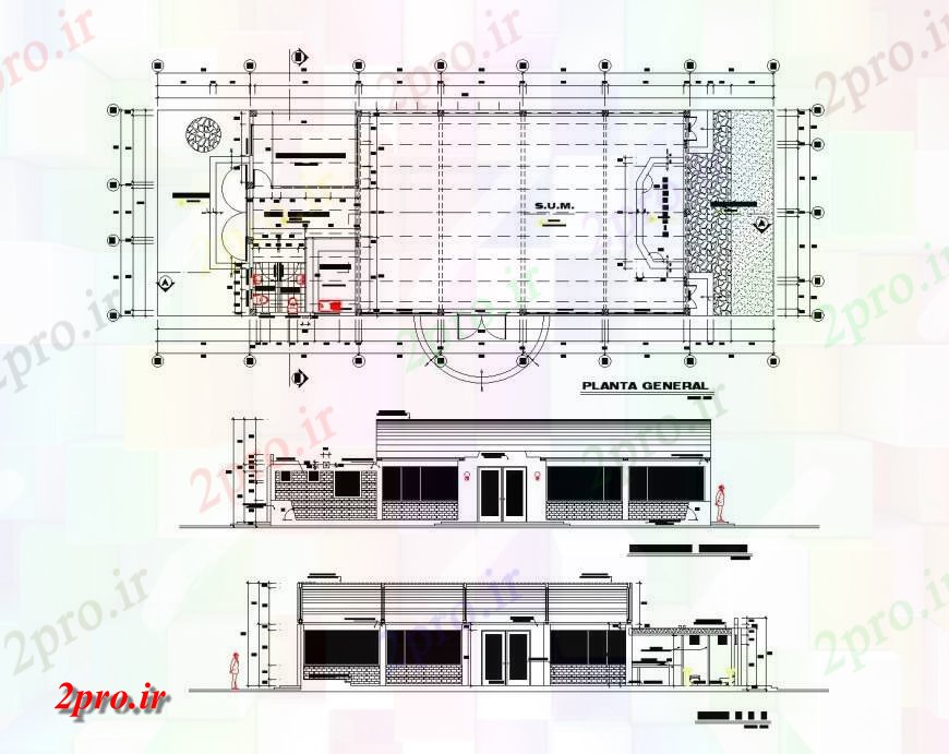 دانلود نقشه ساختمان اداری - تجاری - صنعتی طرحی و نما سالن اتوکد برنامه ریزی 13 در 27 متر (کد135358)