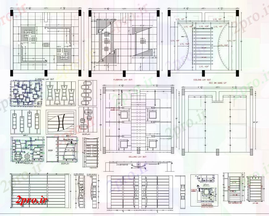 دانلود نقشه ساختمان اداری - تجاری - صنعتی سقف و کف پوش های مختلف طراحی جزئیات (کد135365)