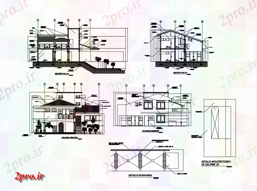 دانلود نقشه مسکونی  ، ویلایی ، آپارتمان  عماری دو طبقه خانه تمام نما طرفه و جزئیات مقطعی  (کد135416)