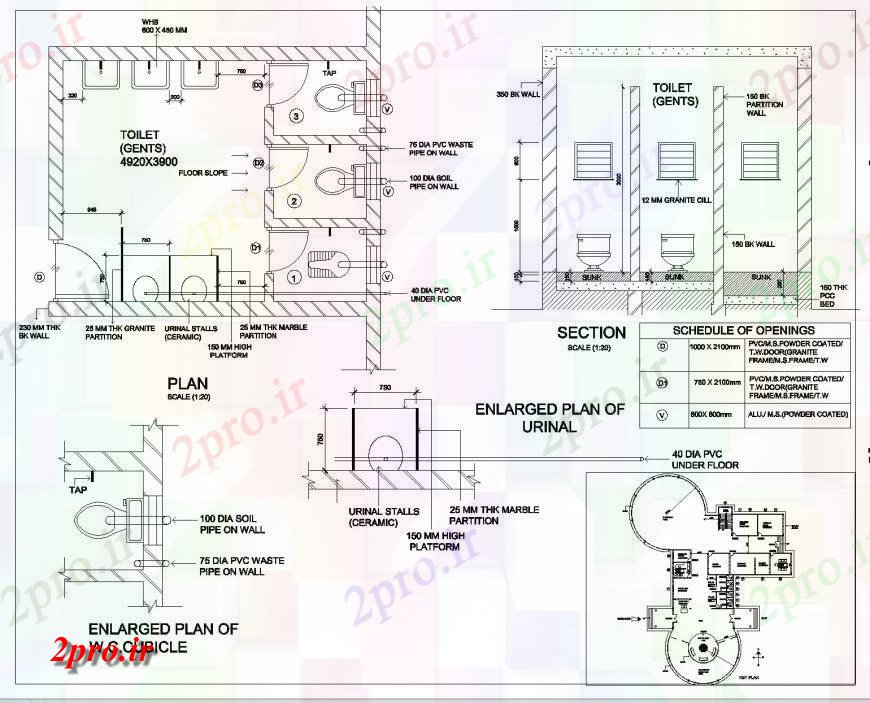 دانلود نقشه حمام مستر طرحی توالت عمومی بهداشتی، نما و بخش  چیدمان (کد135450)