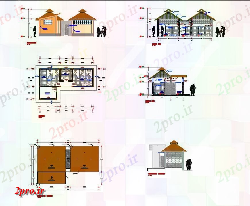 دانلود نقشه حمام مستر طرحی توالت ، نما و بخش جزئیات (کد135453)