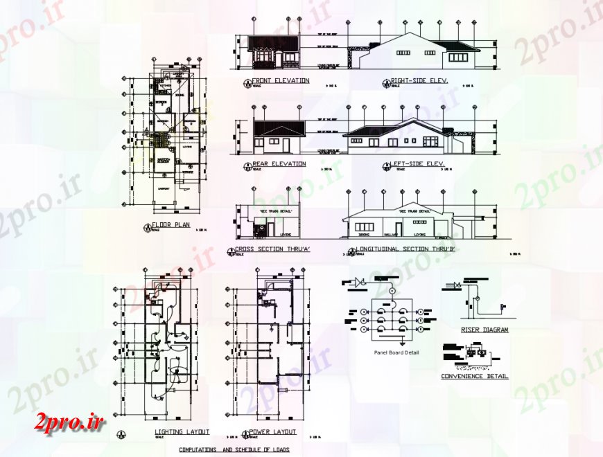 دانلود نقشه مسکونی  ، ویلایی ، آپارتمان  همه نما، بخش ها و طرحی طبقه طرفه جزئیات از چهار اطاق خواب ویلا برای (کد135496)