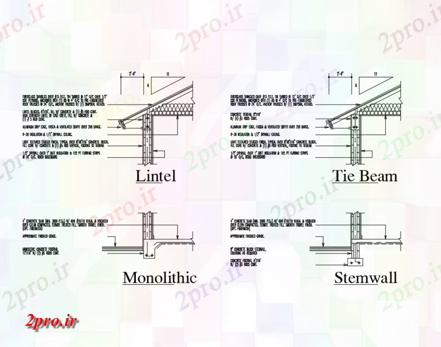 دانلود نقشه طراحی جزئیات ساختار سنگ سردر، تخته و الوار کاشی، یکپارچه و ساقه دیوار ساختار سازنده جزئیات (کد135508)