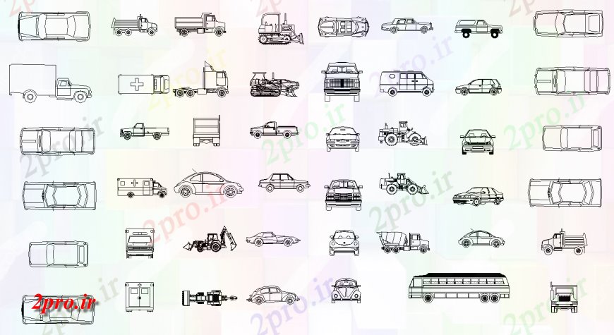 دانلود نقشه بلوک وسایل نقلیه طرحی بالا اتومبیل و بلوک های نما  (کد135527)