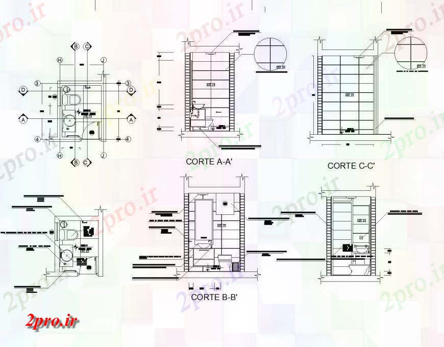 دانلود نقشه حمام مستر جزئیات در طرحی توالت و بخش (کد135556)