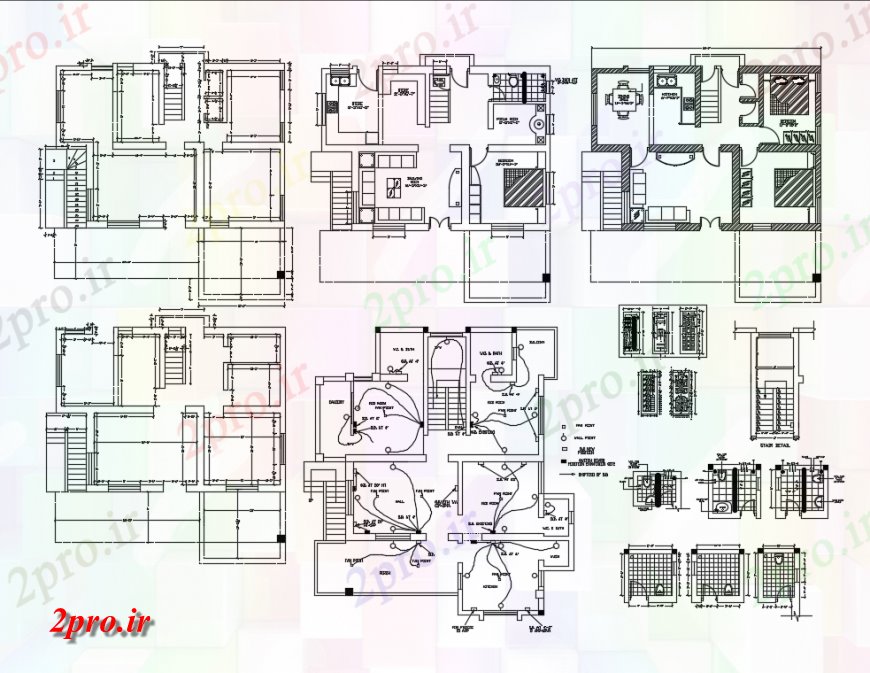 دانلود نقشه مسکونی  ، ویلایی ، آپارتمان  سه کفپوش طرحی طبقه خانه و طراحی های الکتریکی جزئیات (کد135628)