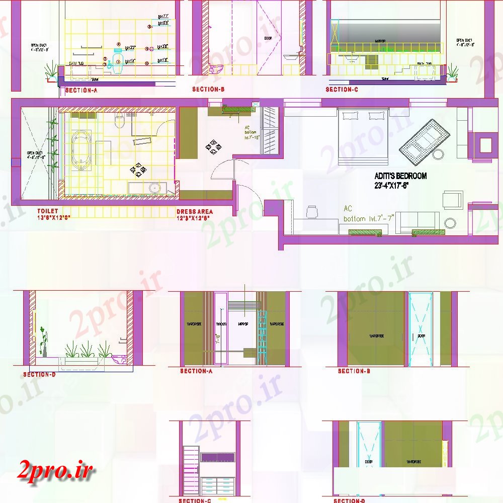 دانلود نقشه حمام مستر طرحی اتاق خواب جزئیات و بخش  دو بعدی   چیدمان اتوکد (کد135756)