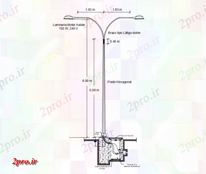 دانلود نقشه طراحی اتوکد پایه بنیاد خیابان ستون نور با سیم   (کد135796)