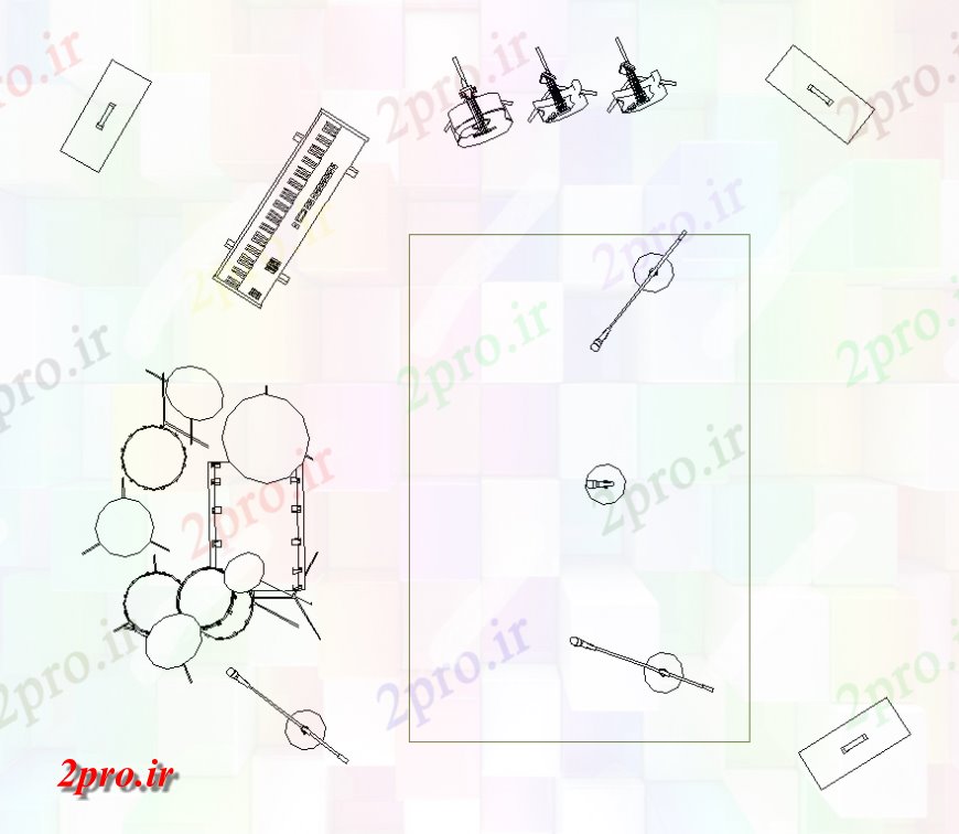 دانلود نقشه بلوک ، آرام ، نماد جزئیات ابزار اتاق ضبط دو بعدی   (کد135863)