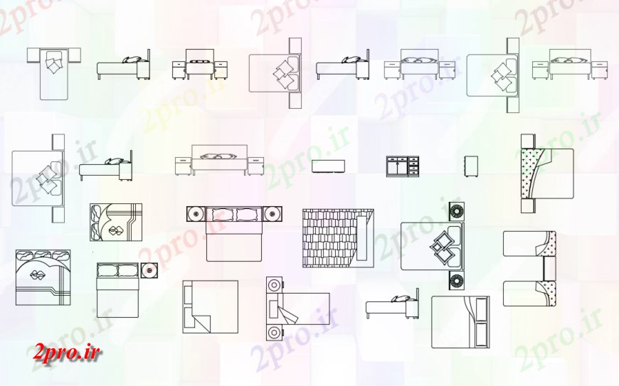 دانلود نقشه دو تخته  طراحی تخت خواب مسافرتی با طرحی های مختلف از تخت های یک و دو جزئیات (کد135867)