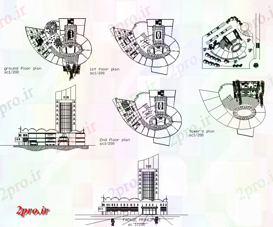 دانلود نقشه ساختمان اداری - تجاری - صنعتی برج تجاری ساخت نما جزئیات و طرحی دو بعدی 51 در 65 متر (کد136011)