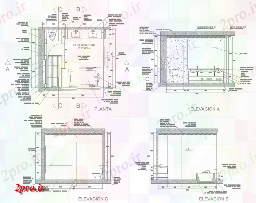 دانلود نقشه بلوک های بهداشتی جزئیات یک طراحی حمام اتاق خواب  (کد136049)