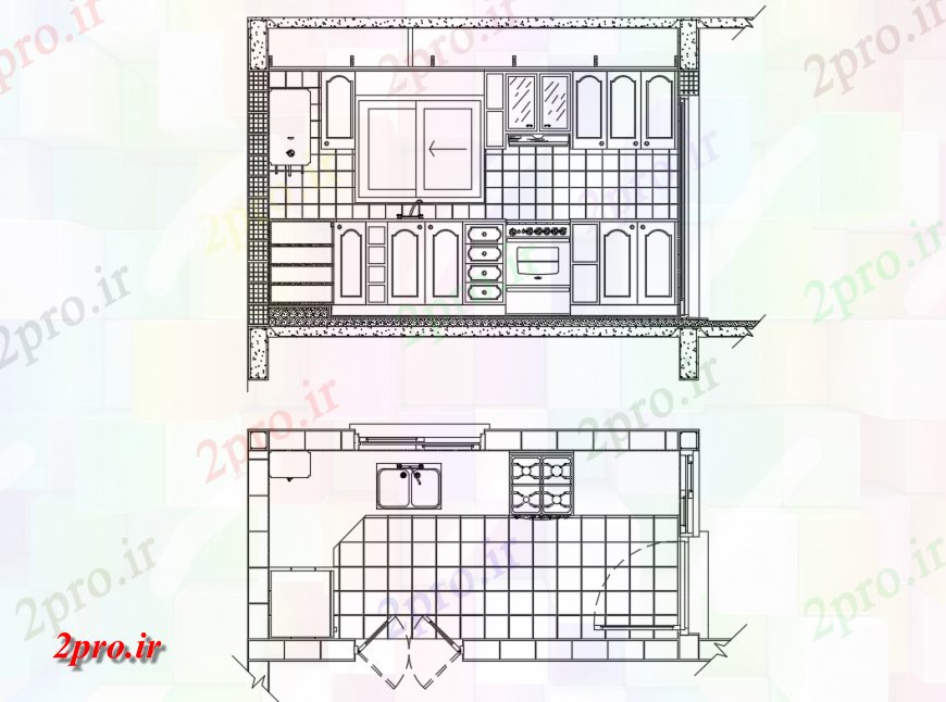 دانلود نقشه آشپزخانه آشپزخانه، قطعه قطعه، مبلمان و داخلی 2 در 4 متر (کد136123)