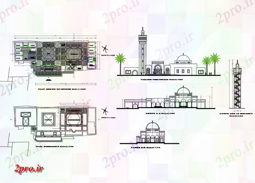 دانلود نقشه کلیسا - معبد - مکان مذهبی نما مذهبی  مسجد، بخش، بخش راه پله و طرحی جزئیات  (کد136192)