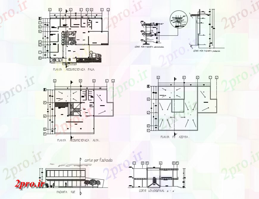 دانلود نقشه کارخانه صنعتی ، کارگاه ساخت نما کارخانه صنعتی ، برش طولی و طرحی طبقه جزئیات 68 در 91 متر (کد136299)