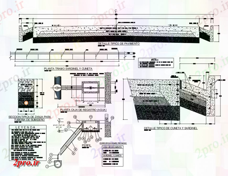 دانلود نقشه جزئیات لوله کشی بخش مواد زهکشی و cuneta پروژه سنگ فرش بهداشت جزئیات (کد136376)