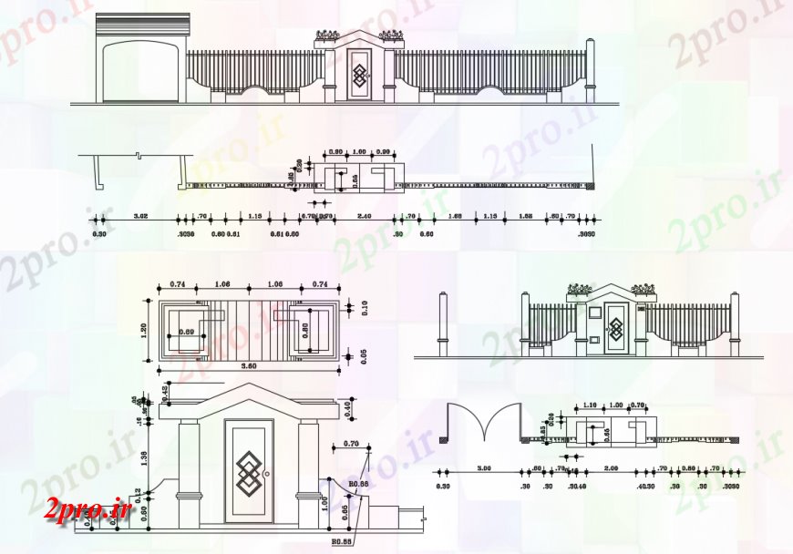 دانلود نقشه مسکونی  ، ویلایی ، آپارتمان  دو سطح خانههای ویلایی اصلی نما دروازه، کابین، حصار محیط و  جزئیات  (کد136411)