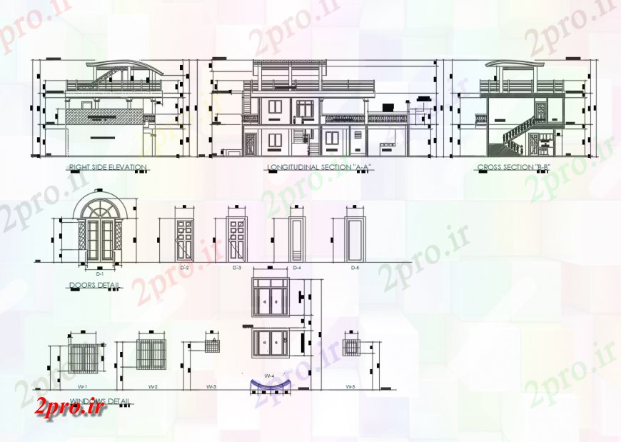 دانلود نقشه مسکونی  ، ویلایی ، آپارتمان  دو طبقه خانه نماات، بخش، درب و پنجره جزئیات (کد136416)