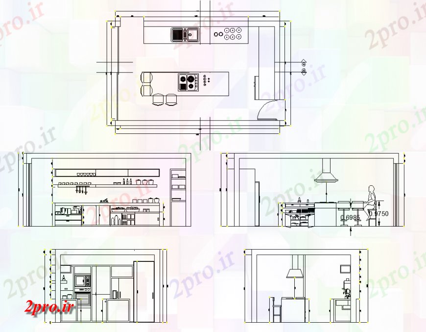 دانلود نقشه آشپزخانه آشپزخانه داخلی ساختار جزئیات دو بعدی 4 در 6 متر (کد136445)