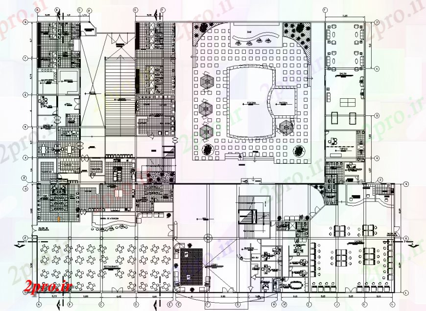 دانلود نقشه هتل - رستوران - اقامتگاه داخلی میدان نشیمن مبلمان طرحی تجاری 50 در 66 متر (کد136510)