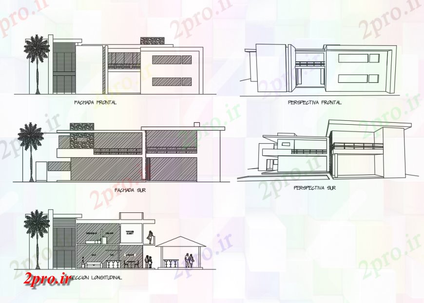 دانلود نقشه مسکونی ، ویلایی ، آپارتمان مدرن ویلا دو طبقه تمام سطوح طرفه و دیدگاه جزئیات 16 در 22 متر (کد136532)