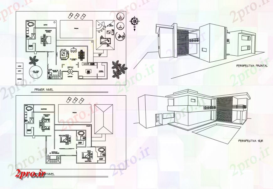 دانلود نقشه مسکونی  ، ویلایی ، آپارتمان   نما و طرحی طبقه جزئیات ایزومتریک از دو دان خانههای ویلایی مدرن (کد136534)