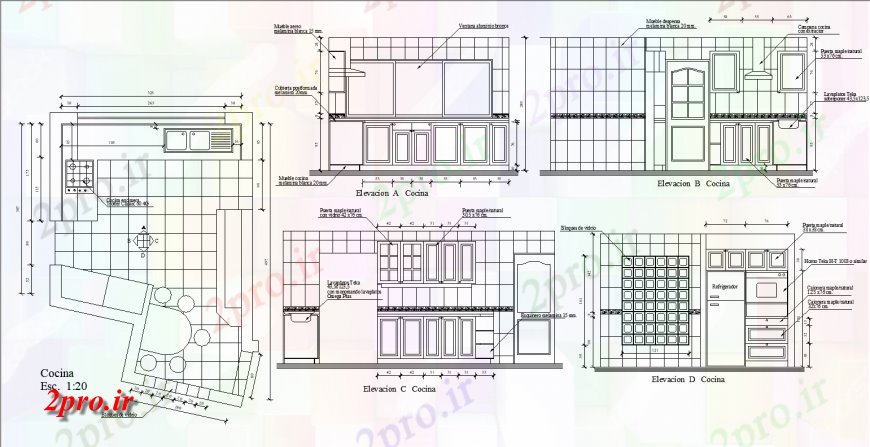 دانلود نقشه آشپزخانه آشپزخانه جزئیات کار طراحی 3 در 5 متر (کد136544)
