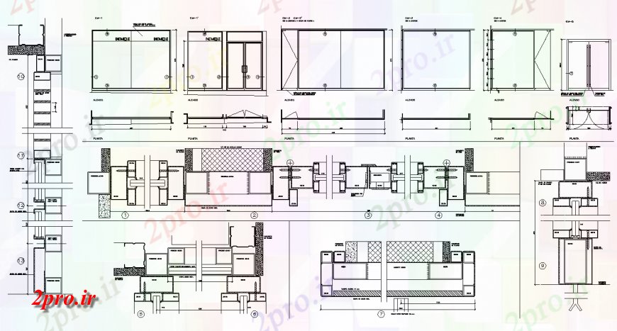 دانلود نقشه طراحی جزئیات ساختار فولاد و دهانه شیشه ای جزئیات  دو بعدی   چیدمان (کد136631)