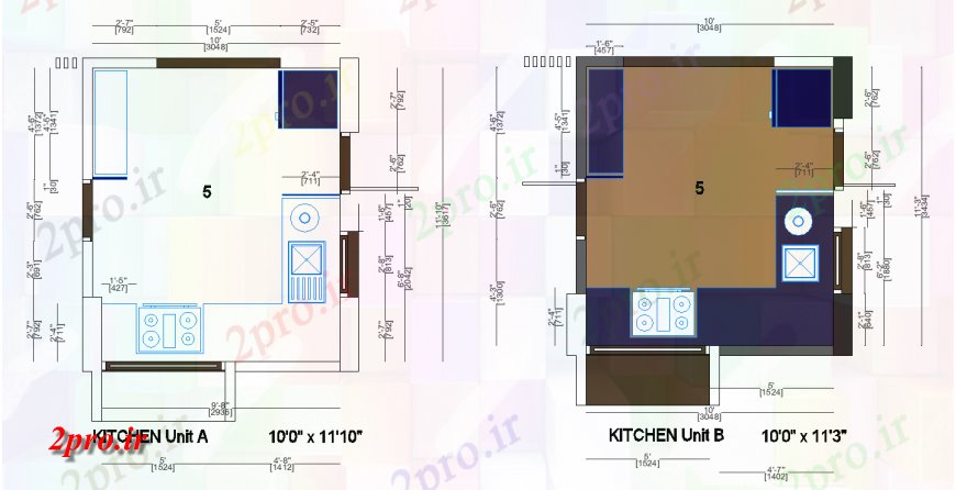 دانلود نقشه آشپزخانه PACIFICA آشپزخانه واحد یک و واحد-B طراحی  (کد136676)
