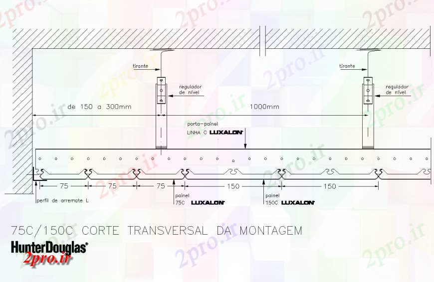 دانلود نقشه طراحی اتوکد پایه کاذب فلزی سقف بخش عرضی مونتاژ توسط HUNTER داگلاس جزئیات (کد136683)