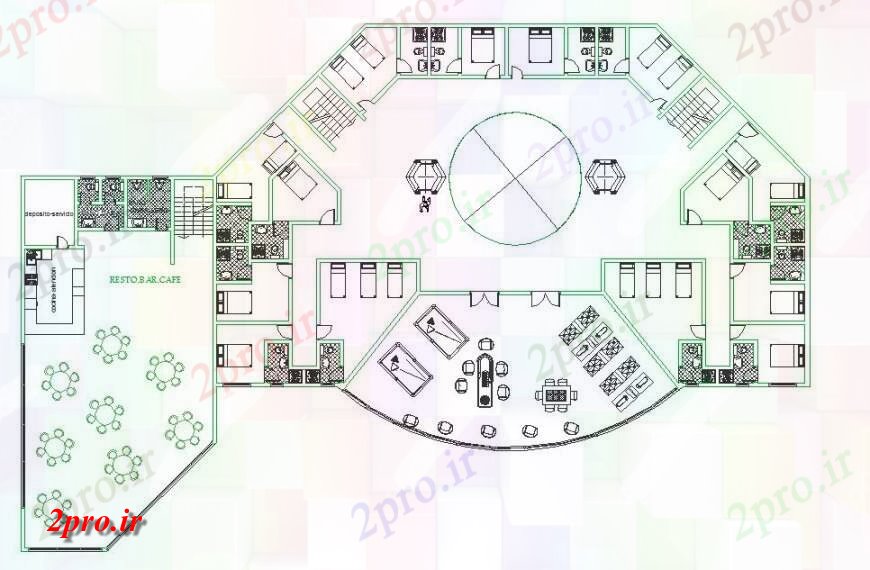 دانلود نقشه هتل - رستوران - اقامتگاه هتل جزئیات طرح 20 در 43 متر (کد136731)