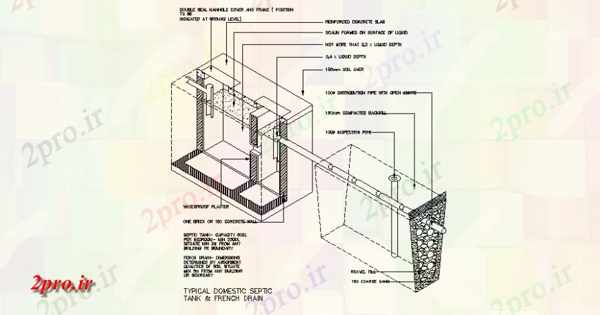 دانلود نقشه جزئیات لوله کشی سپتیک تانک طراحی ایزومتریک داخلی با جزئیات از خط تخلیه (کد136795)
