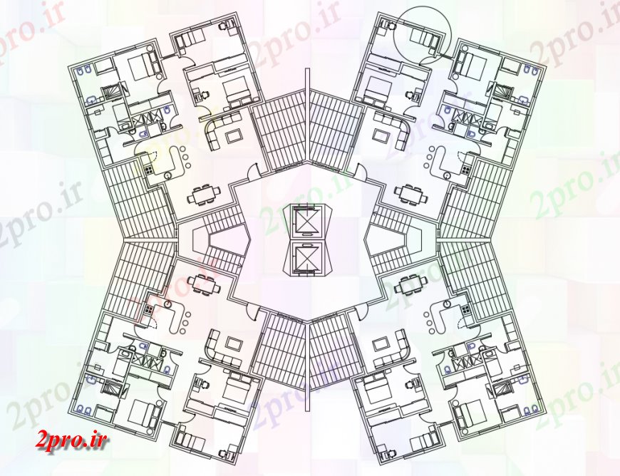 دانلود نقشه مسکونی ، ویلایی ، آپارتمان مسکونی چند خانواده مسکن آپارتمان ساختمان طراحی جزئیات 32 در 34 متر (کد136806)