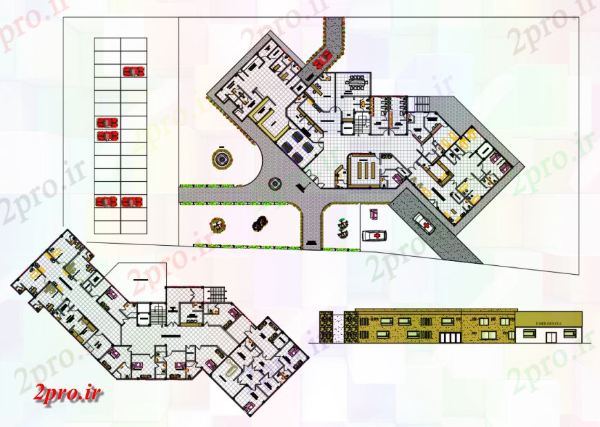 دانلود نقشه بیمارستان - درمانگاه - کلینیک چند دان نما شهرستان جلو بیمارستان و طراحی ساختاری جزئیات 15 در 50 متر (کد136965)