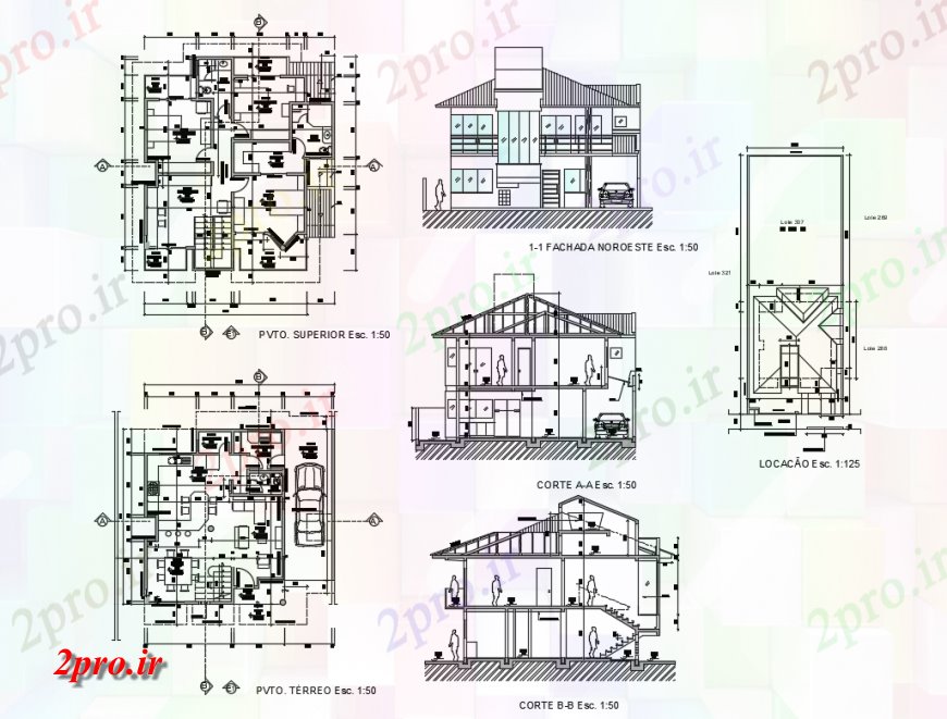 دانلود نقشه مسکونی  ، ویلایی ، آپارتمان  دو سطح نما ویلا مسکن، بخش و طراحی طبقه جزئیات (کد136980)