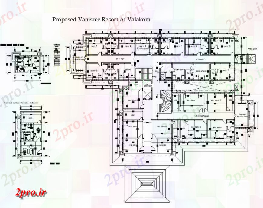 دانلود نقشه هتل - رستوران - اقامتگاه متوسل ساخت جزئیات دو بعدی 27 در 37 متر (کد136982)