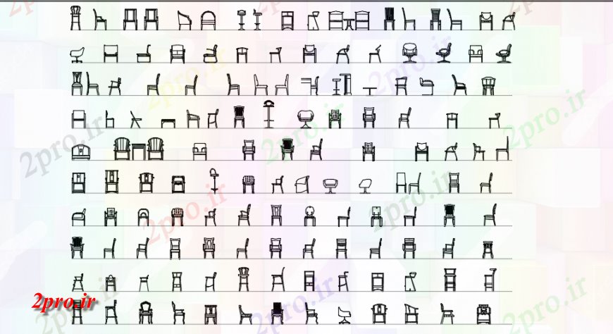 دانلود نقشه بلوک مبلمان انواع مختلفی از صندلی بازو، صندلی مبل مدل دو بعدی    (کد137071)